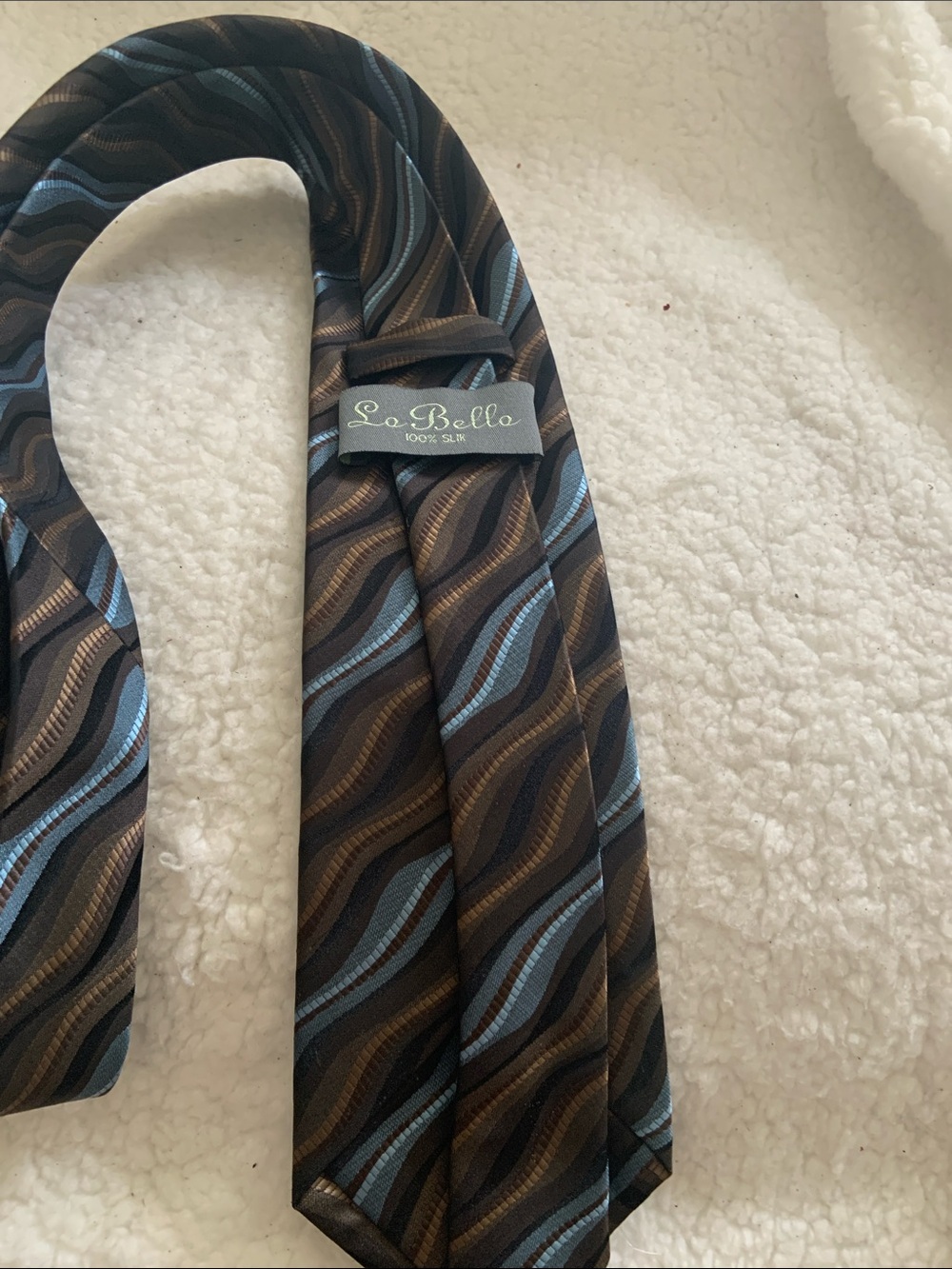 La Bella Brown Tie with Blue Wave Stripes